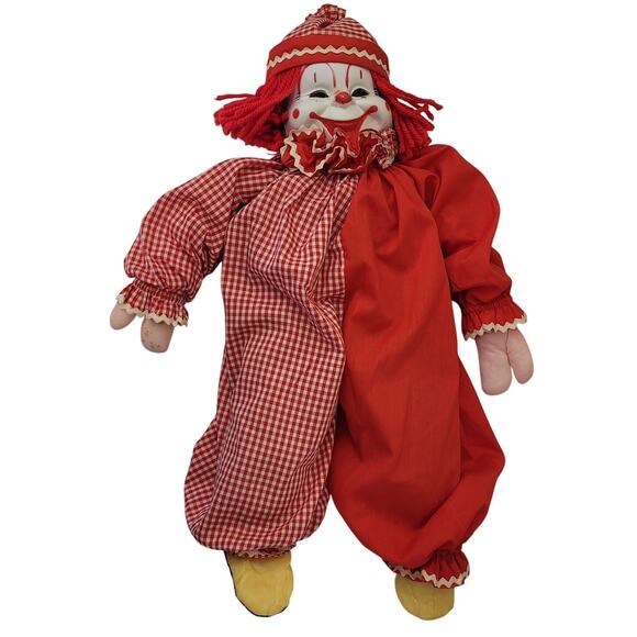 Vintage Creepy Clown Doll 24" Plastic Face Red Check Outfit Halloween Prop Toy - Picture 3 of 11